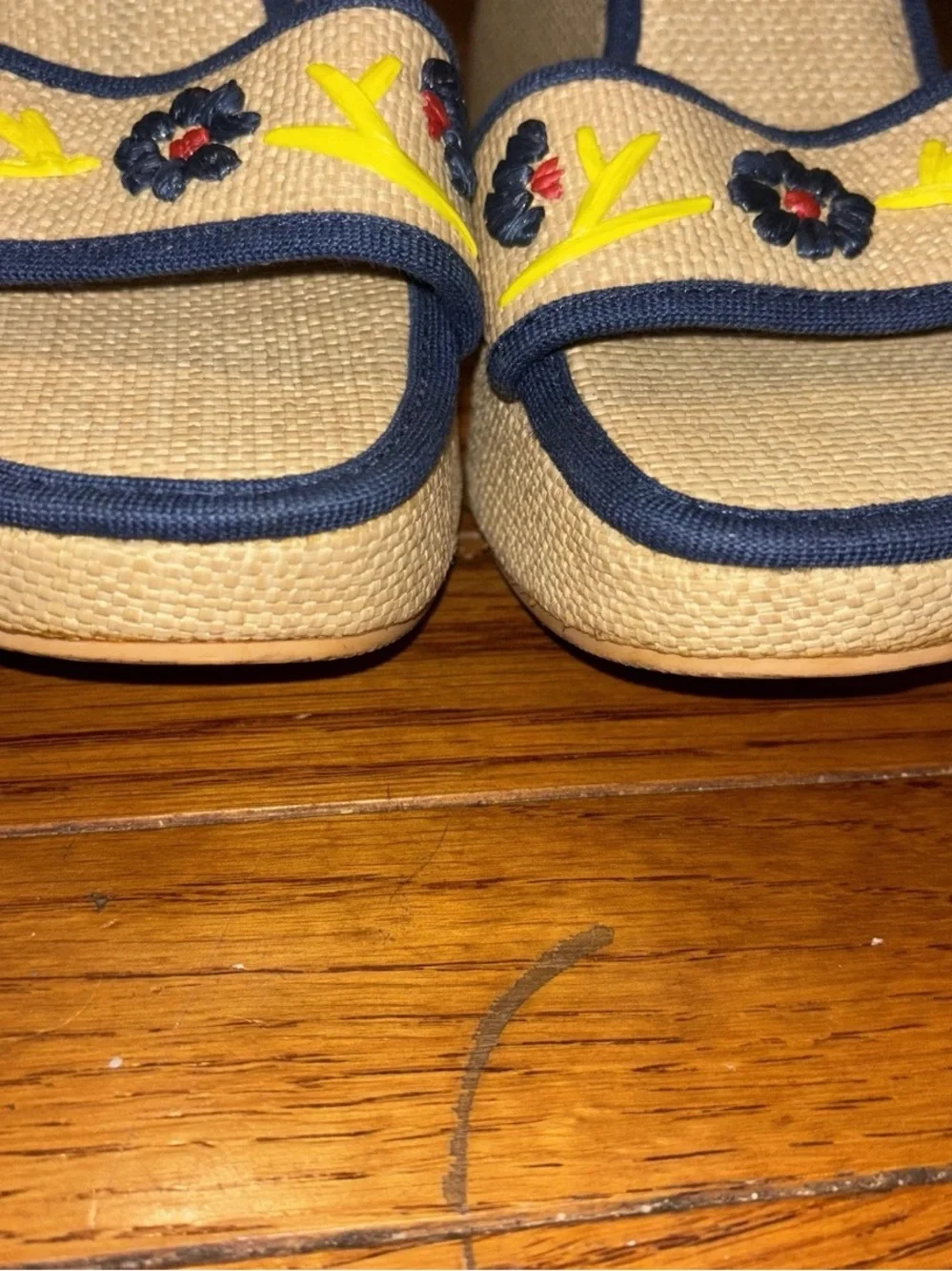 Vintage Y2K Nine West Woven Embroidered Blue Yellow Flower Platform Wedge Sandal